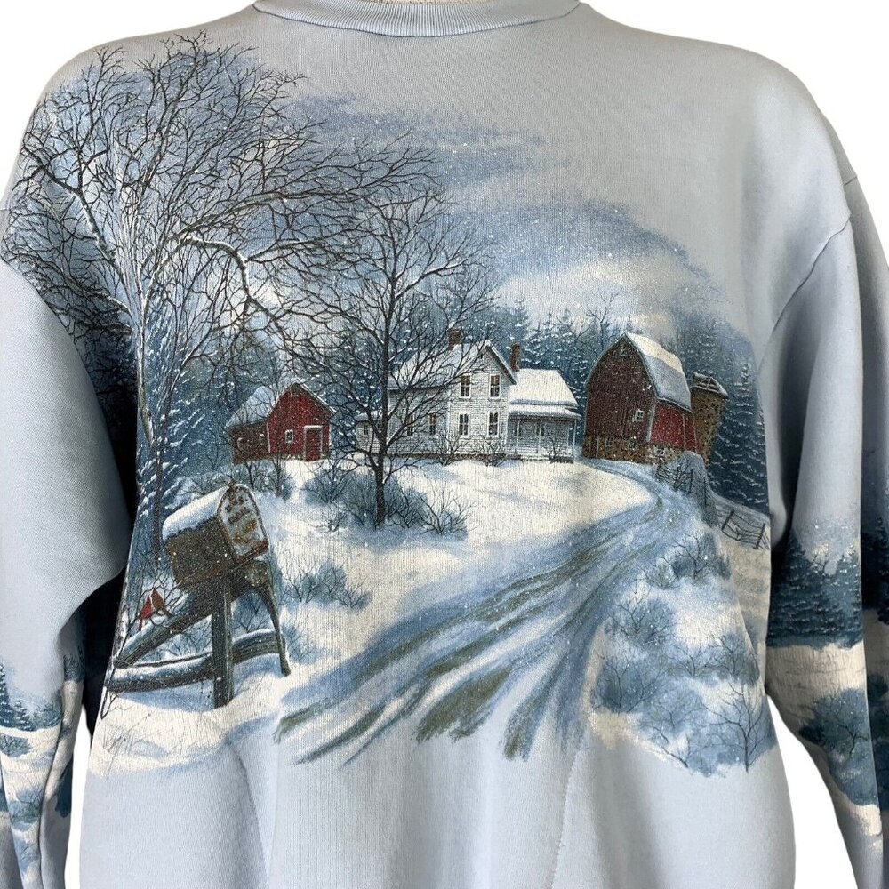 Vintage Sweatshirt Mock Neck Pockets Farm Nature Scenery Graphics Wildlife Fed. - Picture 3 of 6